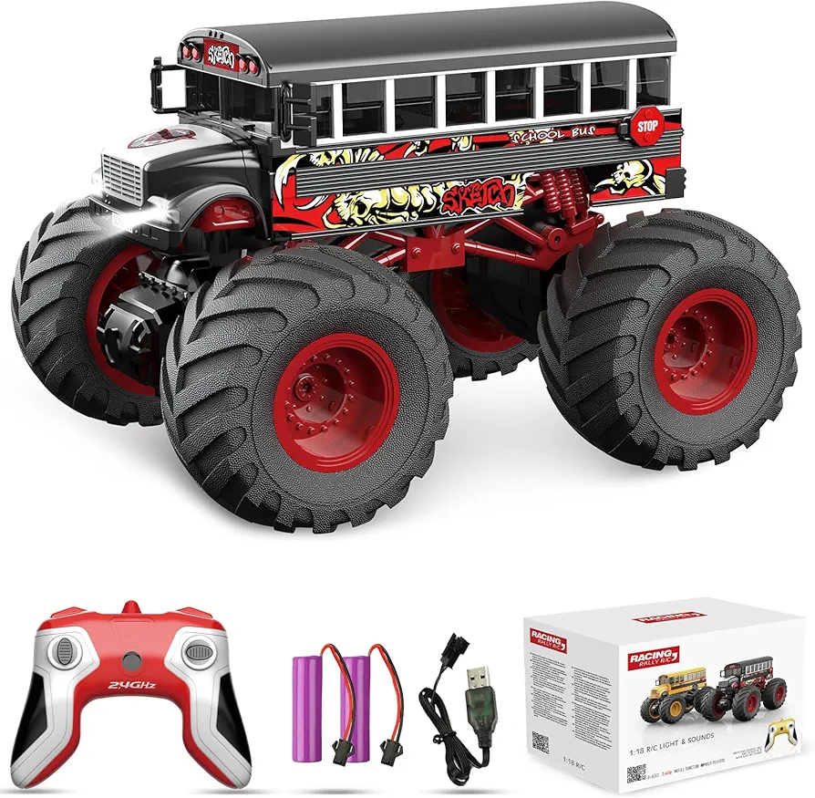 Remote Control Car,RC School Bus for Kids, Monster Truck Toy 2.4GHz 1:18 Scale 12KM/H Model Vehicle with LED Lights Sounds Racing Sport Toy Car for Adults Boys Girls Kids Gift 2Pcs Batteries