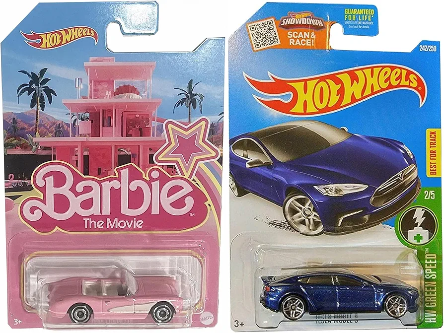 Hot Wheels 1956 Corvette 2023 Barbie The Movie Bundled with Tesla S 1:64 Scale Collectible Die Cast Metal Toy Car Models