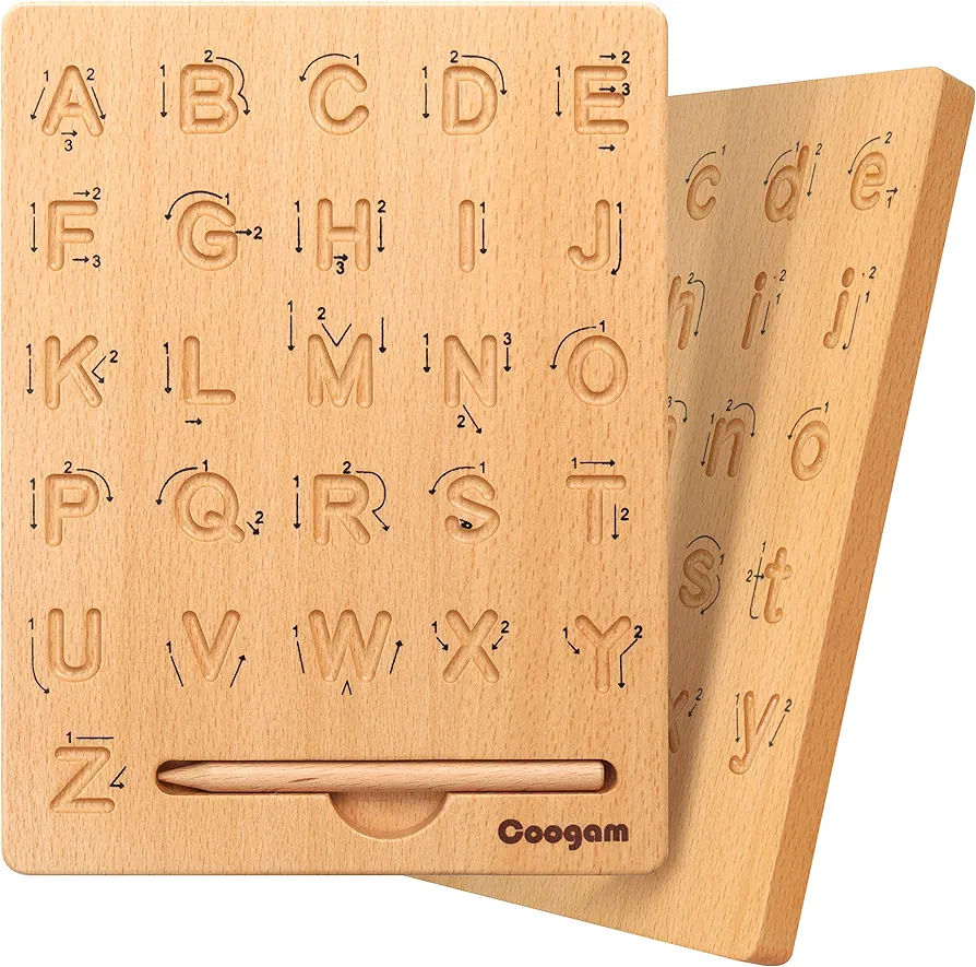 Coogam Wooden Letters Practicing Board, Double-Sided Alphabet Tracing Tool Learning to Write ABC Educational Toy Game Fine Motor Montessori Gift for Preschool 3 4 5 Years Old Kids