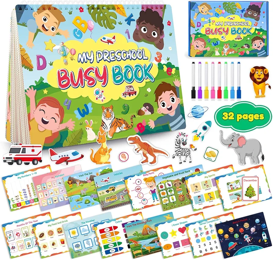 Preschool Toddler Learning Activities, 32 Themes Montessori Busy Book for Toddlers 1-3 2-4, Toddler Sticker Books for 2 3 4 Year Olds Boys Girls, Autism Sensory Toddler Education Toys for Kids