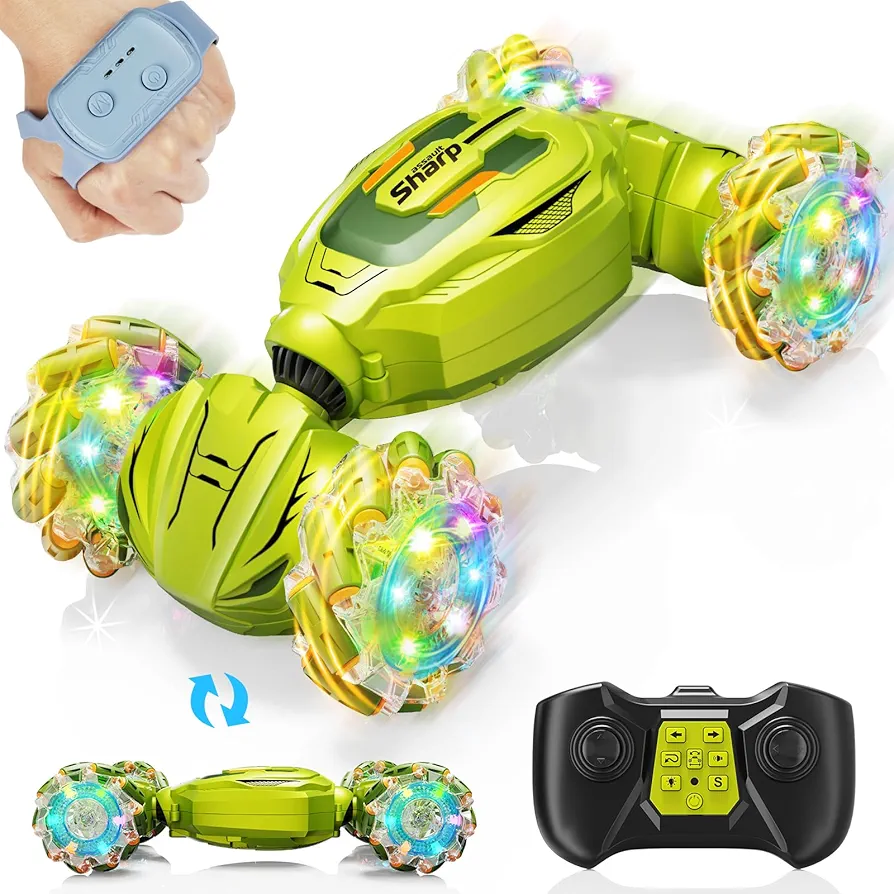 Gesture Sensing RC Stunt Car, Remote Control Car Birthday gifts for kids Age 6-12, 2.4Ghz Hand Controlled Twist Cars, 360° Rotating Transform Off Road Car Toy for Boys Girls Age 6 7 8 9 10 11+ (Green)