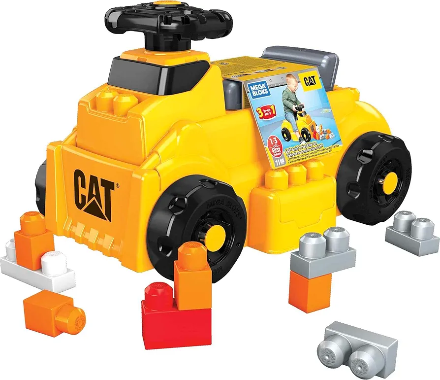 MEGA BLOKS First Builders Cat Toddler Building Blocks Toy Set, Build ‘n Play Ride-On with 11 Pieces and Storage, Yellow, Ages 1+ Years