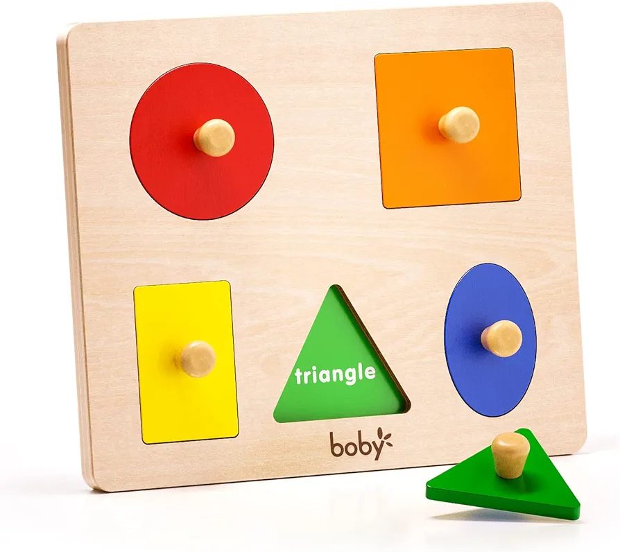 Boby Montessori Wooden Puzzle Board Knob Wooden Puzzle Geometric Shape Puzzle Early Education Material Sensorial Toy for Toddler Shape & Color Sorter (5 Geometry Shape)