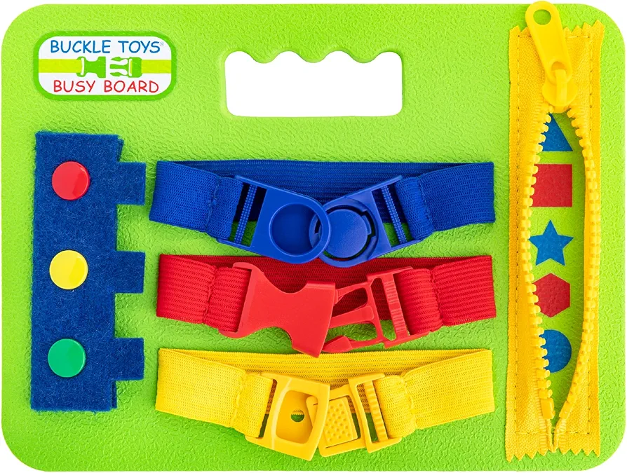 Buckle Toys Mini Busy Board - Montessori Learning Toy for Toddlers Great Kids Airplane Activities - Foam Sensory Board - Develop Fine Motor Skills - Green