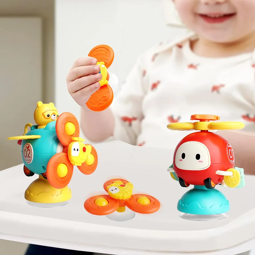 Dwi Dowellin 3-in-1 Spinner Toys High Chair Toy Table Toys for Kids, Car Toys and Helicopter Push Pull Toys Sucker Suction Toys for Child, Spinner Bath Toys for Baby Toddlers Infant