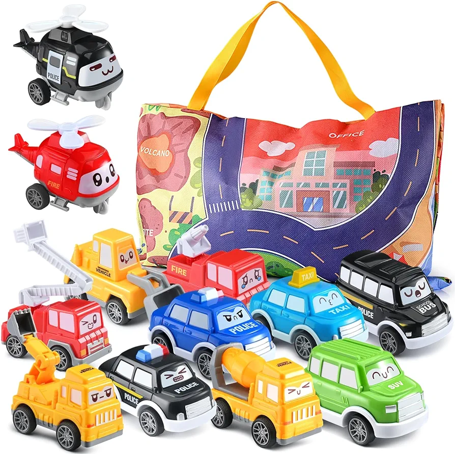 Doloowee Toddler Pull Back Car Toys (12 pcs), Mini Truck Car Toys for 1 Year Old Boy, Baby Toys 12-18 Months with Playmat Storage Bag, Toddler Toys Age 1-3