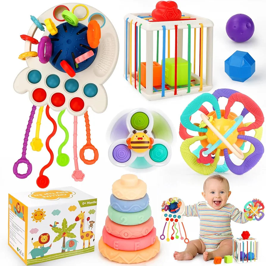 Baby Toys 6-12 Months,5 in 1 Montessori Toys for Babies 6-12 Months,Pull String Infant Teething Toys,Stacking Rings,Color Shape Sensory,Suction Cup Spinner Toys for 6-9-12 to 18 M+ Birthday Gifts