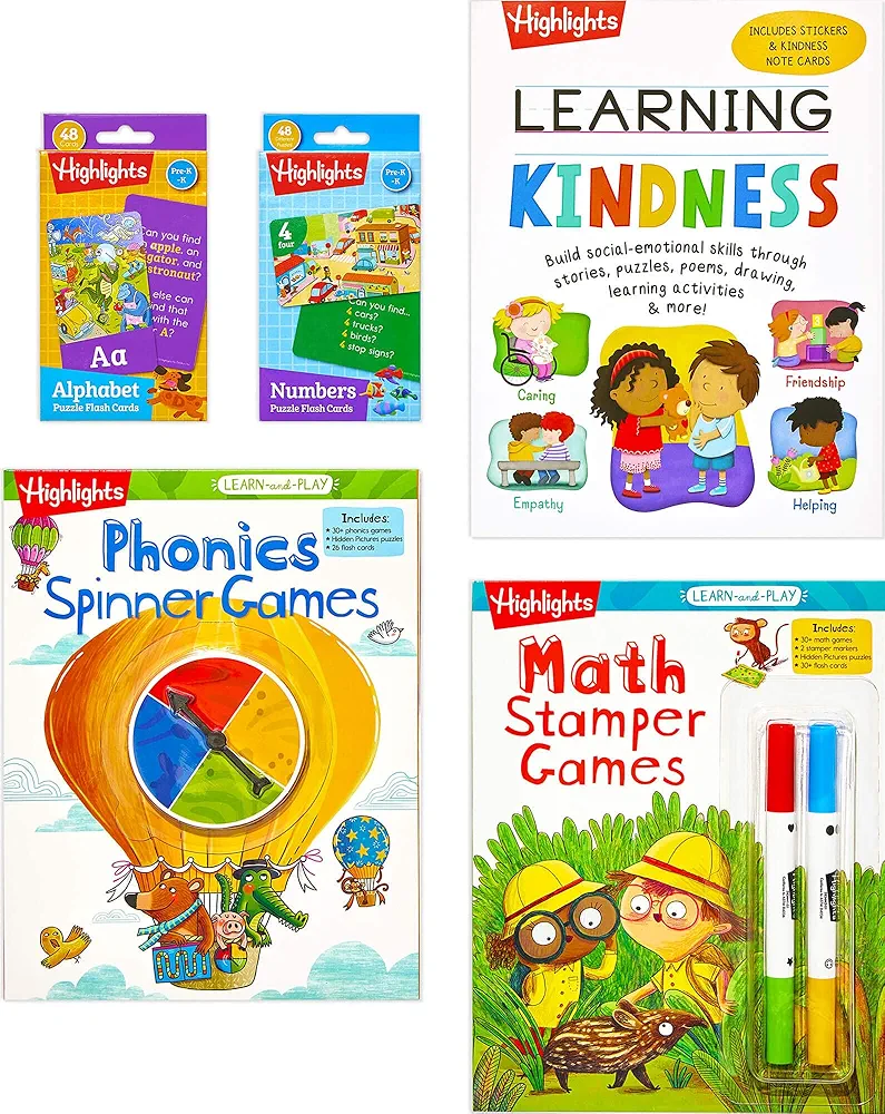 Highlights Kindergarten Learning Activity Pack, 5-Piece Book and Flash Card Set, Learn Letters, Numbers, Phonics, Math, Social-Emotional Skills, for Kids Ages 5+