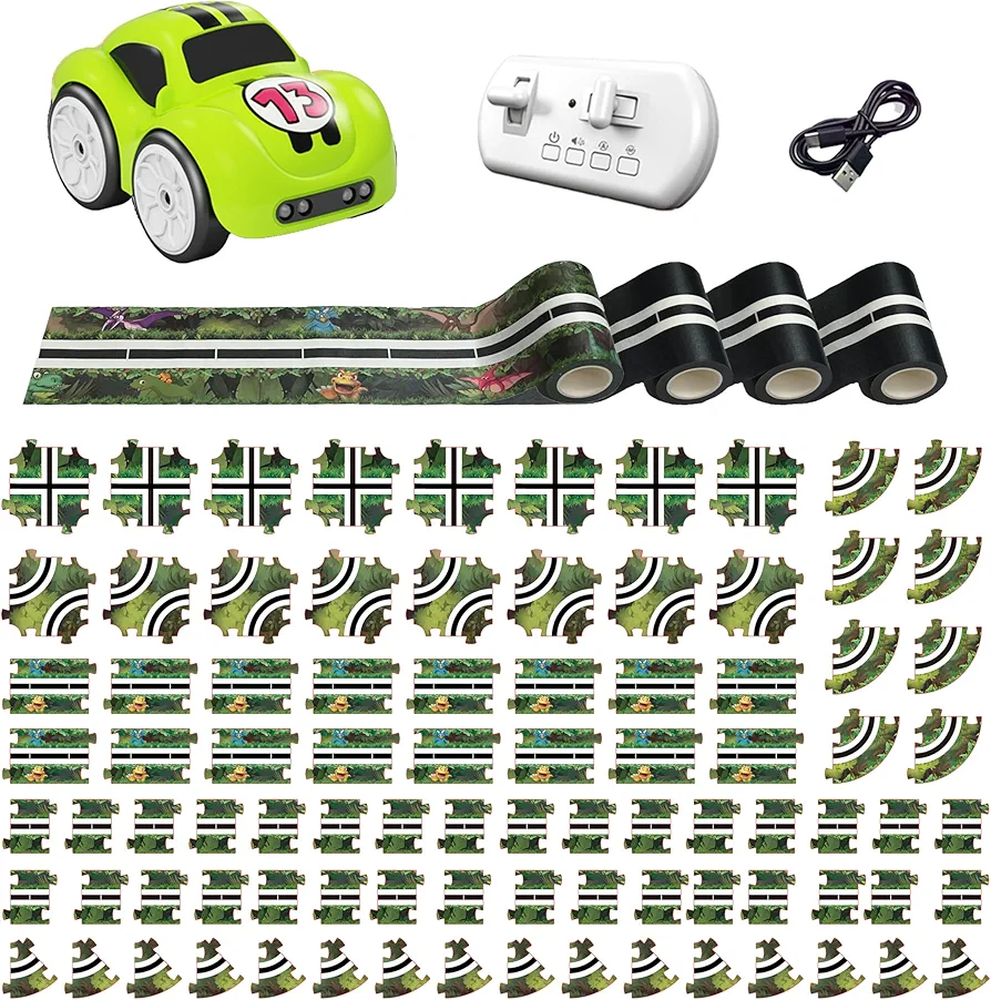 Kids Train Track Set with Remote Control Car,103 PCS Train Track Puzzle and 4 Roll Track Tape, Train Track Playset for 3-7 Years Old Boys & Girls, Car Puzzle Dinosaur Track, Kids Best Gift - Green Car