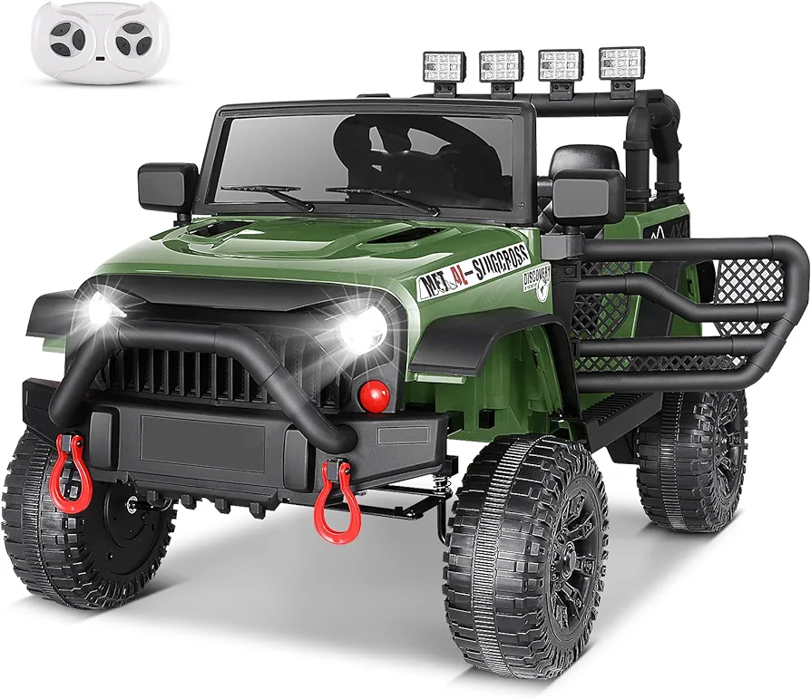 Hikole Kids Ride on Truck, 12V Electric Vehicles Battery Operated Cars for Boys&Girls w/Driving Sounds, Shock Absorption, Off-Road, Safety Belt, Multi-Terrain Traction, Green