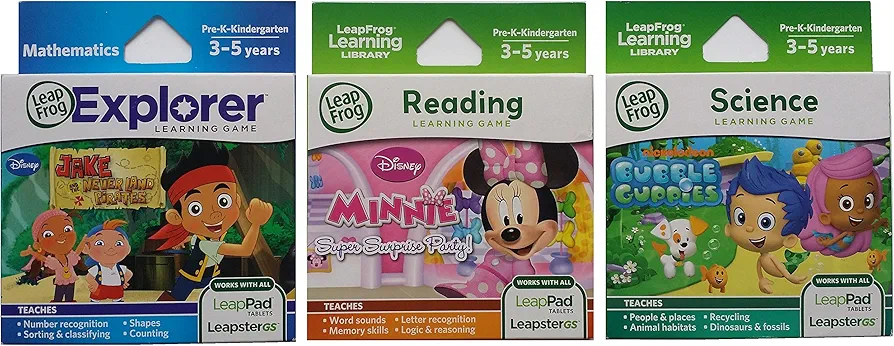 LeapFrog Learning Game Bundle - Jake Pirates (Math), Minnie Mouse (Reading), and Bubble Guppies (Science)