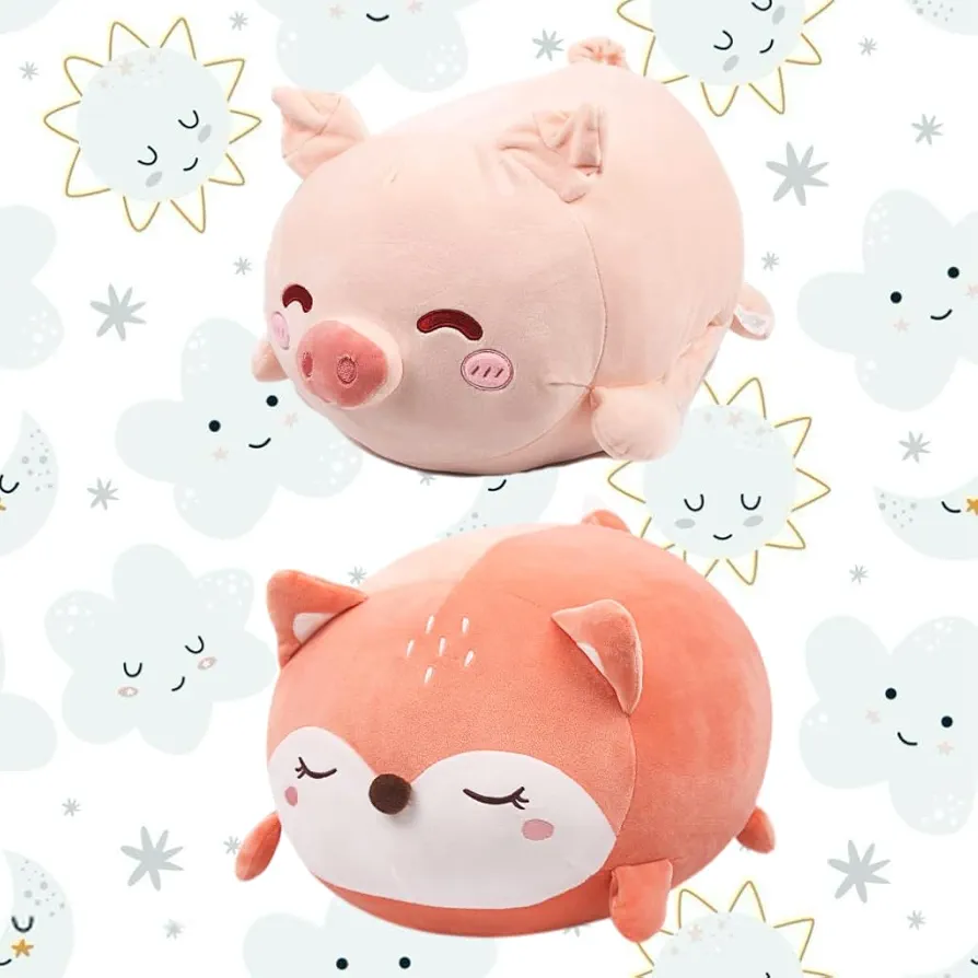 ARELUX 17.7in Pig&Fox Plush Pillow Stuffed Animal Snuggly Pillow Cute Plush Toy Snuggle Buddy Pig Fox Plushie Kawaii Soft Hugging Pillow for Kids Boys Girls 2Sets