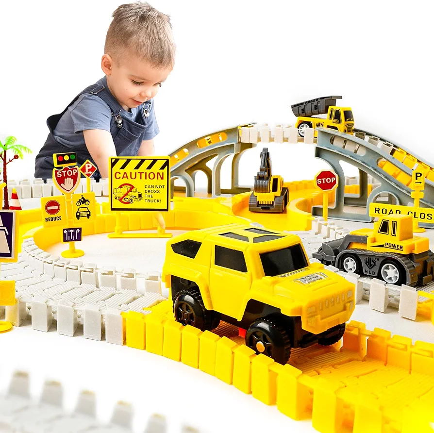 BELLOCHIDDO Construction Toys Race Car Track Kids Construction Toys with Flexible Track Playset Create Engineering Roads for 3 4 5 6 7 8 Year Old Boys Girls Toys