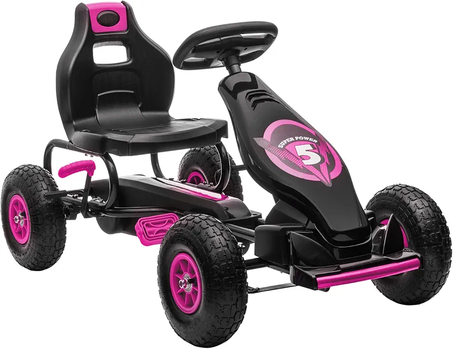 Aosom Kids Pedal Go Kart Ride-on Toy with Ergonomic Comfort, Pedal Car with Tough, Wear-Resistant Tread, Go Cart Kids Car for Boys & Girls with Suspension System, Safety Hand Brake, Ages 5-12, Pink