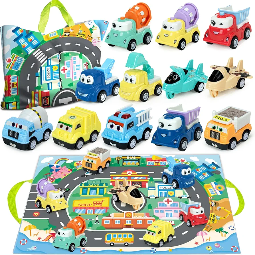 Baby Truck Car Toys with Playmat/Storage Bag, Baby Toys 12-18 Months|Toys for 1 2 3 Year Girl Boy| Baby Construction Vehicles 1st Birthday Gift Educational Toys for Infants Toddlers (12 Sets)