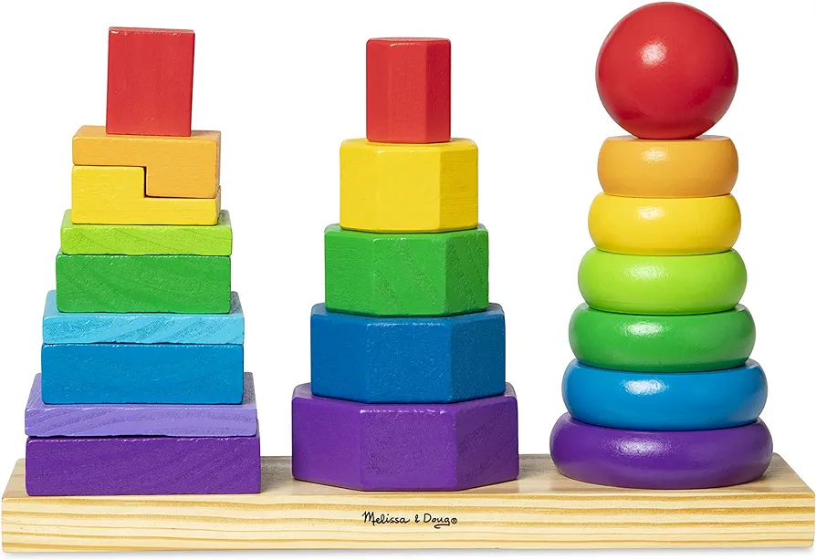 Melissa & Doug Geometric Stacker - Wooden Educational Toy - Shape Sorter And Stacking Toy, Stacking Tower Toy For Babies, Toddlers And Kids Ages 2+, Multicolor, Playsets