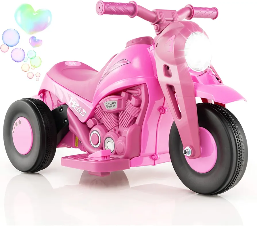 Costzon Kids Motorcycle, 6V Battery Powered Ride on Motorcycle with Bubble Maker, Music, LED Headlight, Forward & Backward, 3 Wheels Electric Motorcycle for Kids, Gift for Boys & Girls (Pink)