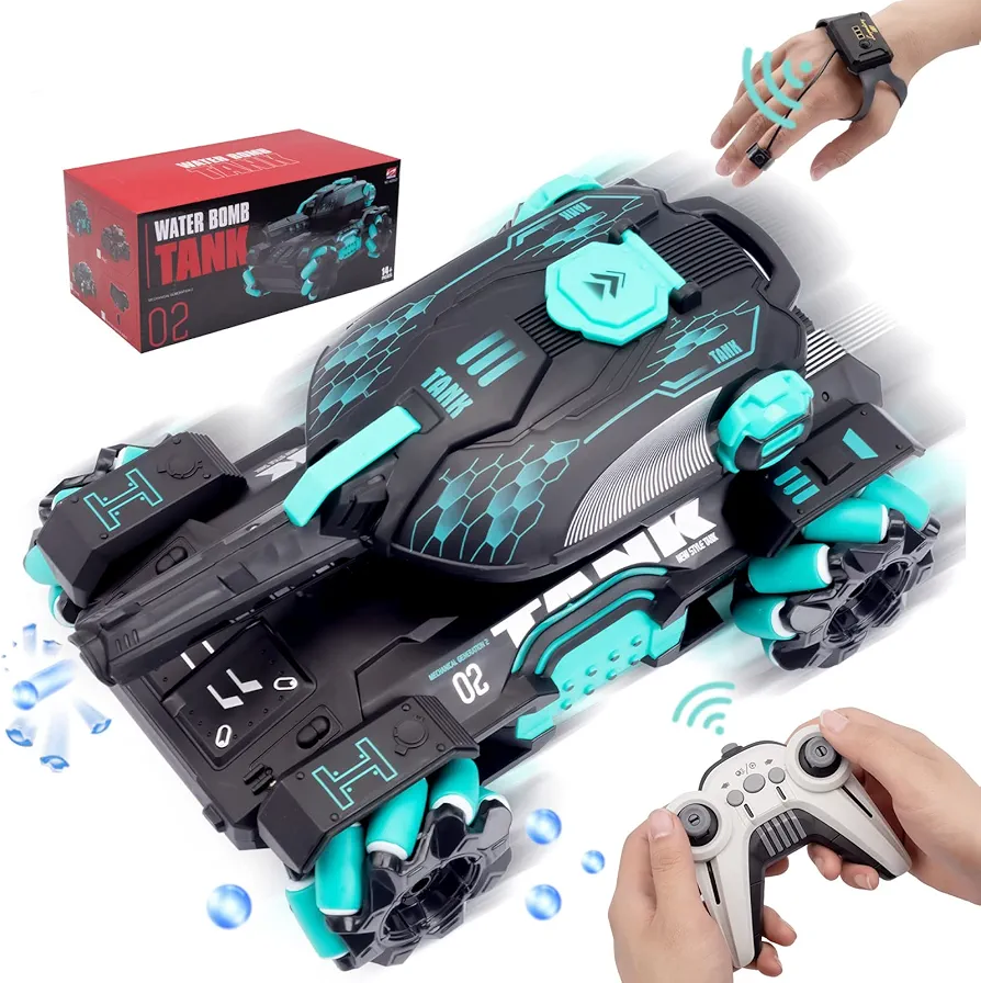 RC Stunt Tank with Light, Watch Gesture Sensor RC Tank Toy, 360 Rotation Remote Control Stunt Car Shooting Water Bullets, Gifts for Children (Black and Cyan)