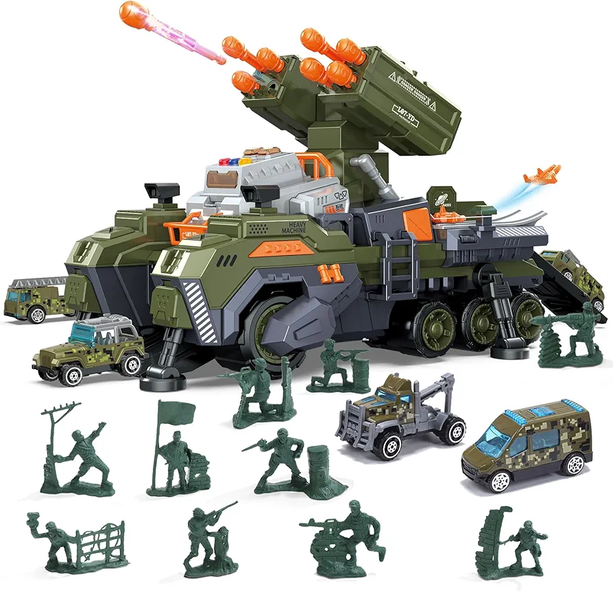 CUTE STONE Military Vehicles Tank Toy Set, Army Men Tanks Playset with 6 Army Vehicles, Soldier Men, Launcher, Sounds and Lights, Gifts for Toddler Kids Boys