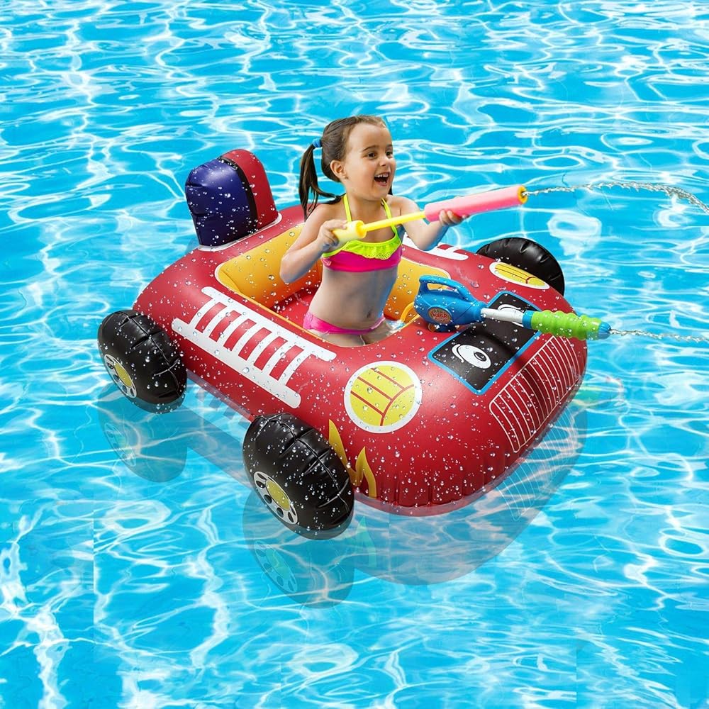 Children Inflatable Float Seat Parent-Child Education Boat Pool Squirt Water Gun Toy Water Parent-Child Education Truck Bumper Ride-on Car Summer Swimming Ring for Kids,Boys and Girls,Red