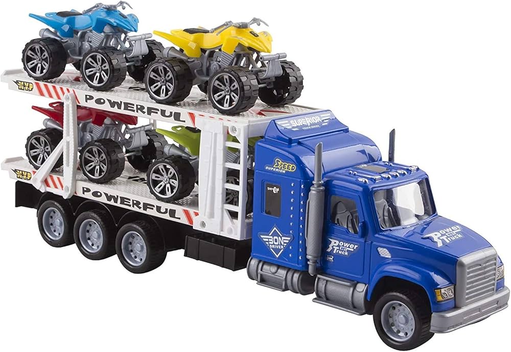 Toy Semi Truck Trailer 15" Includes 4 ATVs Friction Carrier Hauler Kids Push And Go Big Rig Auto Transporter Vehicle Semi-Truck Car Pretend Play For Children Boys Girls Toddlers