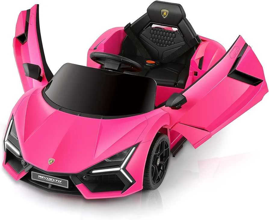 ELEMARA 12V Ride On Car with Remote Control,Licensed Lamborghini Kids Electric Car with Scissor Door,MP3 Player,LED Light and Wide Seat,Battery Powered Car Toy(Pink)