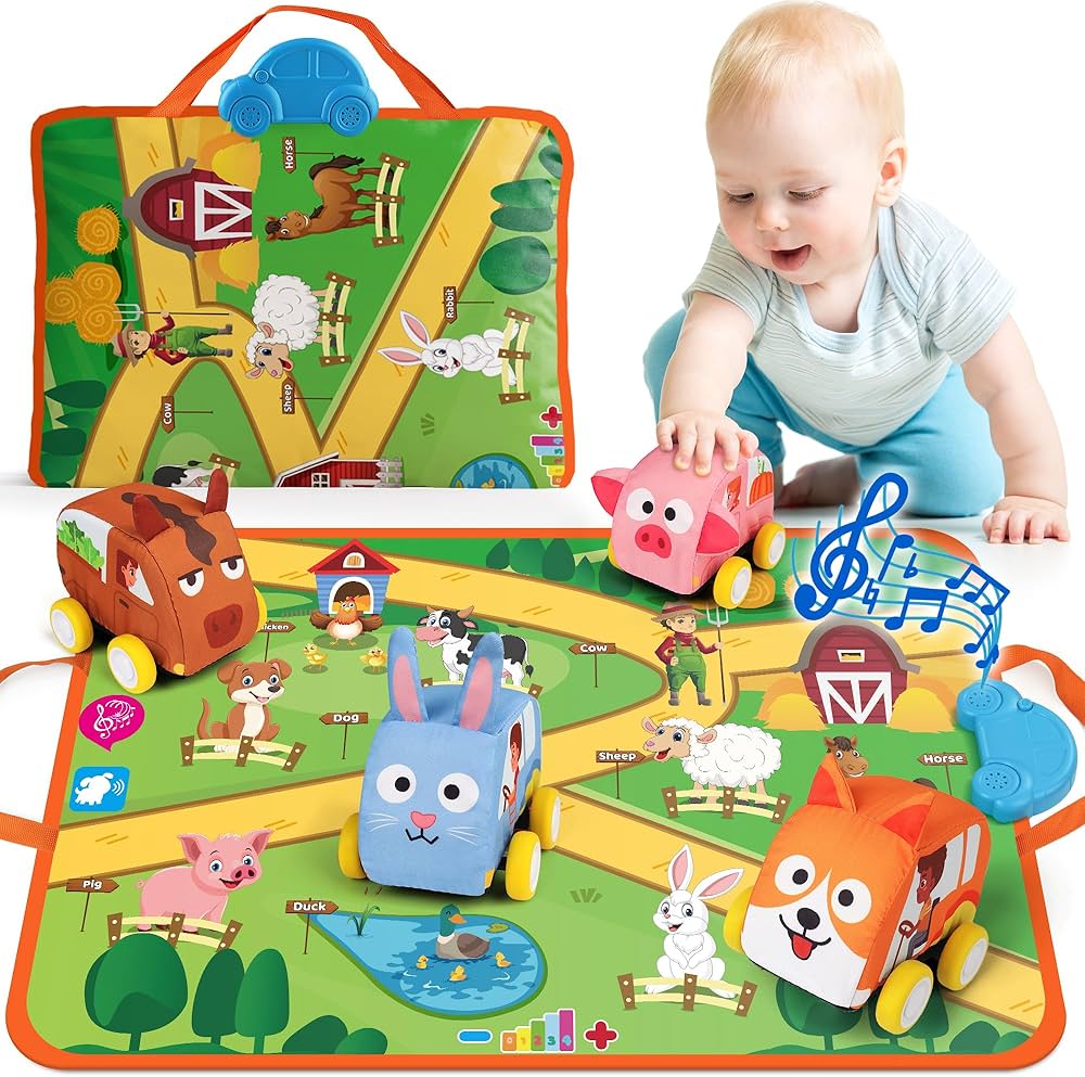 Coogam Farm Animals Toys for Year Old Toddlers, Soft Pull-Back Vehicle Set with Audible Play Mat Rug, Baby Fine Motor Skills Playmat Game Montessori Learning Gift