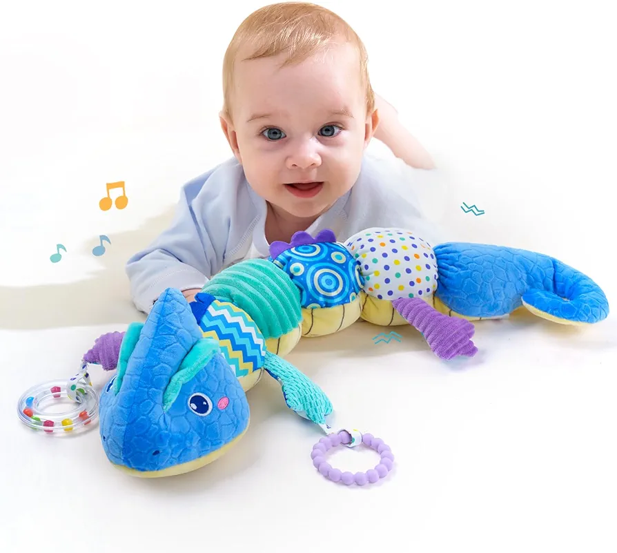 Baby toys 0-6 months, Baby Musical Toys - Stuffed Animal Activity Soft Toywith Rattles, Crinkle, Bell;Baby Sensory Teething Toys for Tummy Time Newborn Boys Girls Gift (Blue Chameleon)