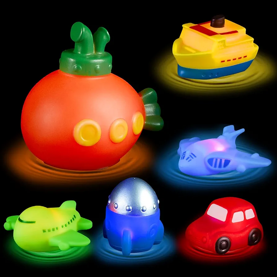 Light Up Bath Toys Transport Glowing Tub Toy with Auto Colourful Flashes Light 6pcs Floating Submarine Rocket Ship Car Airplane Aircraft Model Toy Bathroom Game Toy Gift for Kids