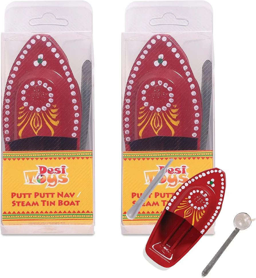 Desi Toys Putt Putt Nav |Pop Pop Steam Boat|Classic Indian Toys|Nostalgic Tin Water Toy|Free Candle & Dropper|Powered by Flame|Size - 15.2 x 6.9 x 4.1 cms for 14+ Children (Putt Putt Nav Pack of 2)