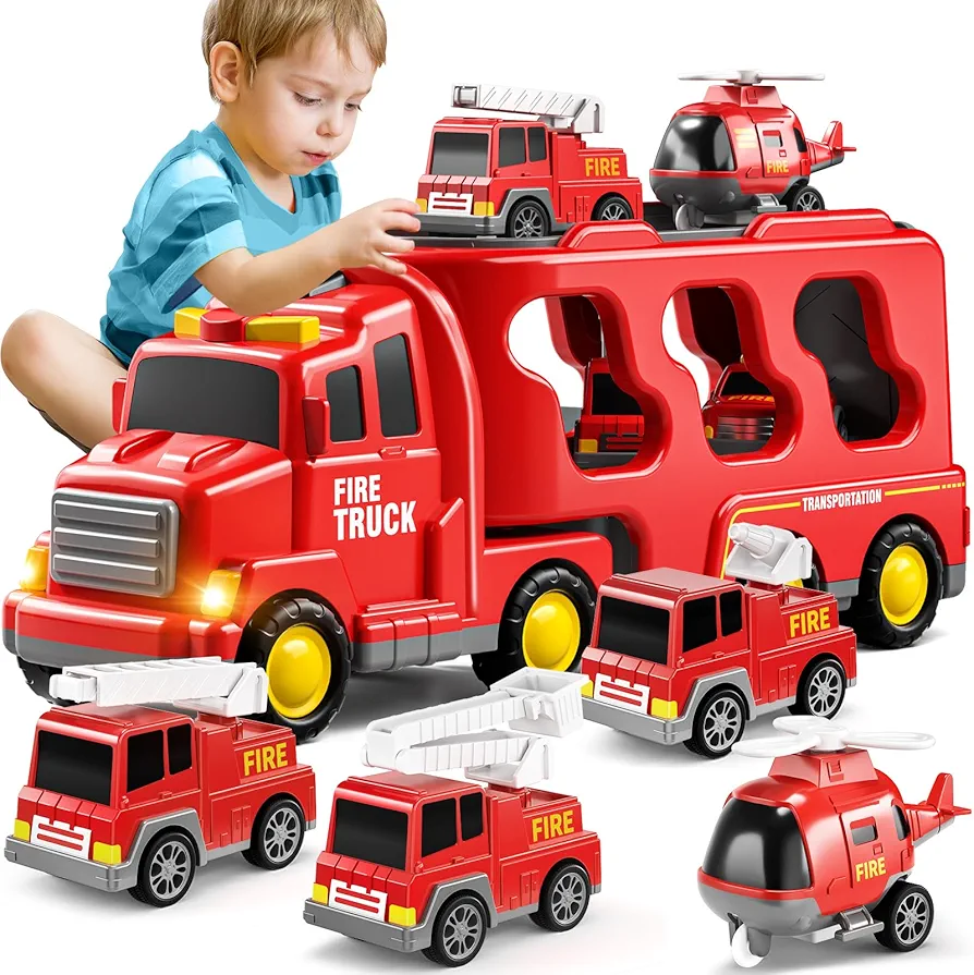 Fire Truck Toys for 3 4 5 Years Old Boys Kids Toddlers, Carrier Truck Cars for Toddlers Toys for Age 3-4, Large Transport Car, Kids Toys Set for Age 3-9, Christmas Birthday Gifts for Girls