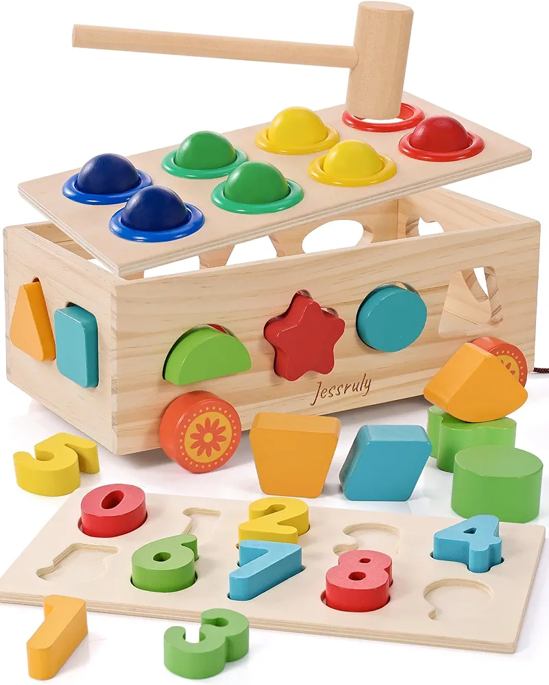 Shape Sorter - Wooden Pound A Ball and Montessori Number Puzzle Set for Babies - Educational Sorting Game with Storage Car for Toddlers