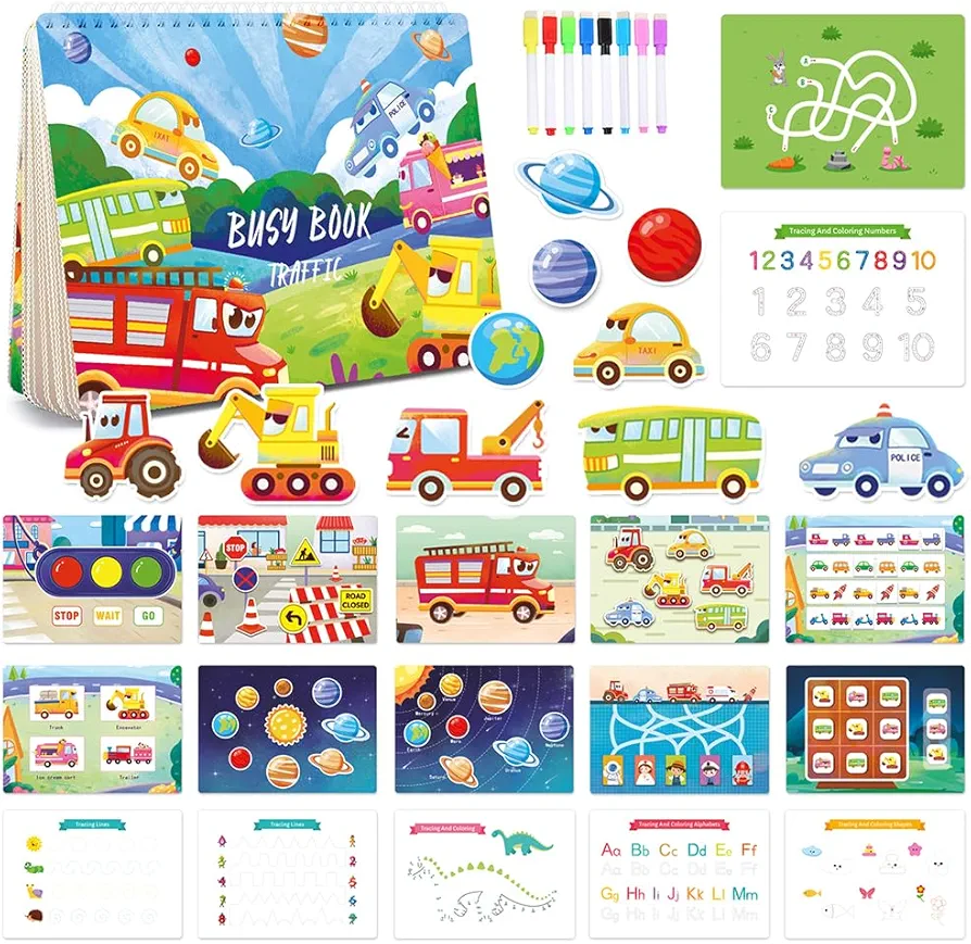 Educational Learning Toys Play Set Gift for Boys Girls, Reusable Reward Sheet Activity Stickers Enlightenment Book Quiet Book,Waterproof Static Preschool Education Exercise Book[Traffic Theme]