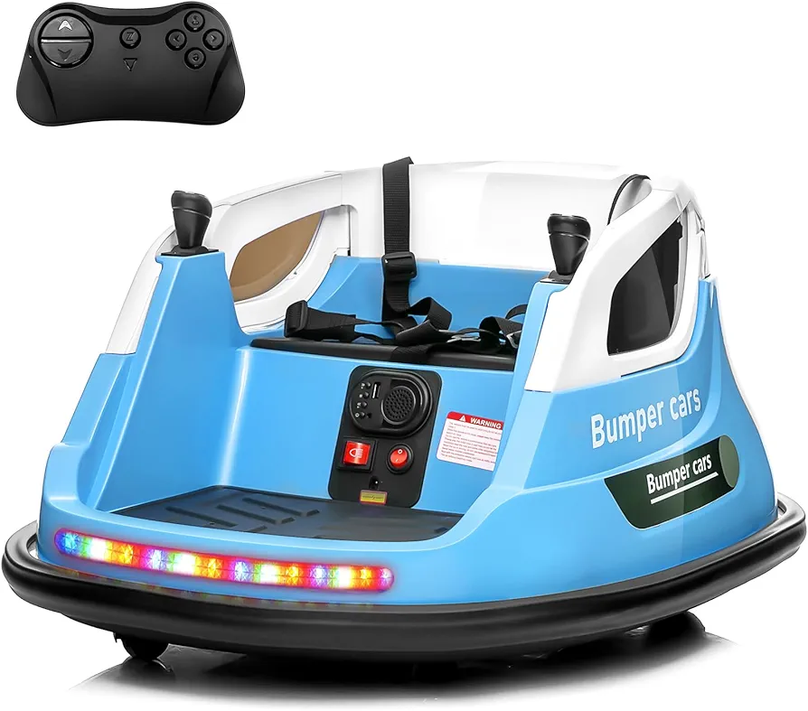 12V Bumper Car for Toddler, JOYRACER Electric Ride on Bumper Car w/3 Speed Remote Control, 5-Point Harness, Bluetooth Music, 360°Spin, LED Lights, Christmas Toy Gift for 1-5Y Boys Girls, L-Blue