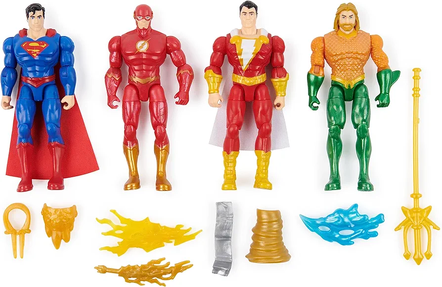 DC Comics, Action Figures 4-Pack, Superman, The Flash, Shazam!, Aquaman 4-inch Figures, Accessories, Superhero Kids Toys for Boys and Girls, Ages 3+