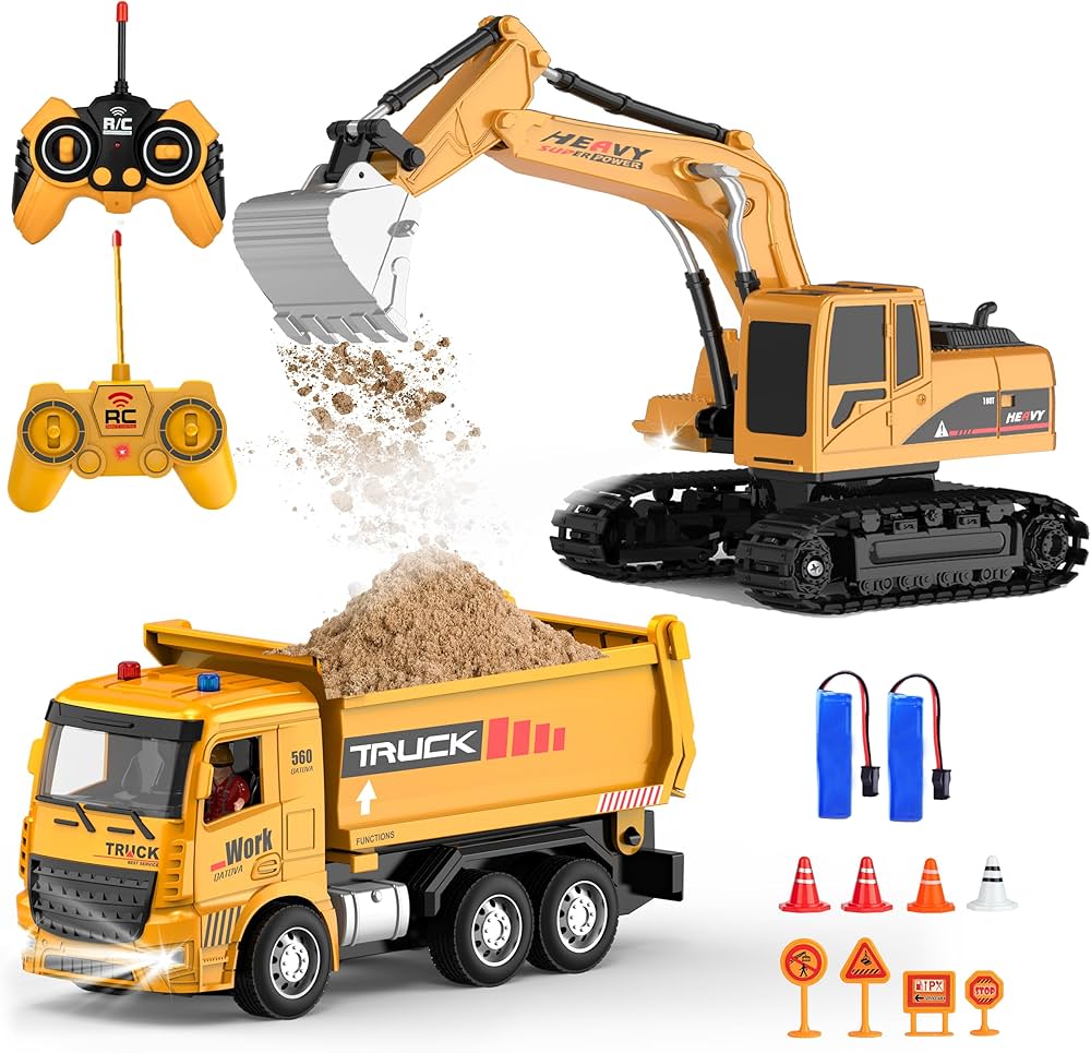 RC Construction Vehicles Toy Trucks for Boys 8-12 - Excavator Toy and Dump Truck with Road Barricades, Signs, 6 CH Remote Control Car for Kids Birthday Present