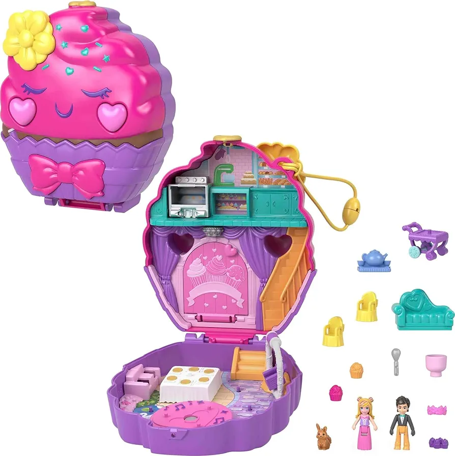 Polly Pocket Compact Playset, Something Sweet Cupcake with 2 Micro Dolls & Accessories, Travel Toys with Surprises