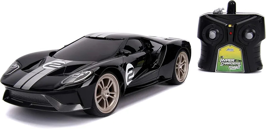 Jada Toys Bigtime Muscle 1:16 2017 Ford GT RC Remote Control Car 2.4 GHz Black/White Stripes, Toys for Kids and Adults, Glossy Black W/Stripes (30721)