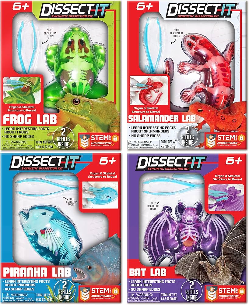 Dissect It Kit for Kids 6 Plus, Complete Set of 4 Synthetic Dissection Kits, Frog, Salamander, Piranha, and Bat, Authenticated STEM Toys, Kids Learn Animal Science, Biology, and Anatomy.