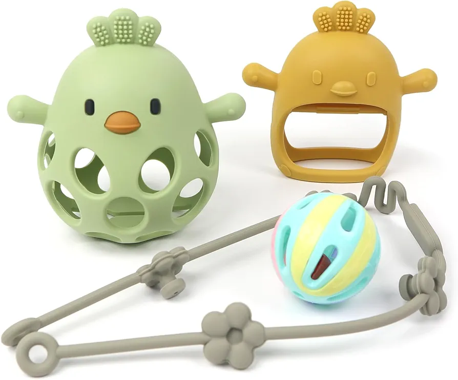 Baby Sensory 4-Piece Toy Set: Hollow Hand-Gripping Chicken Teether, Teething Mitten, Rattle Ball, and Anti-Drop Toy Strap (Green/Mango)