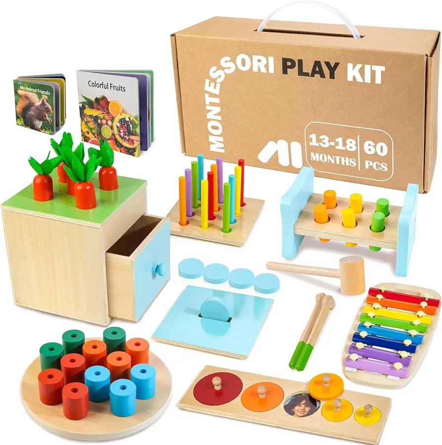 Wooden Montessori Toys for 1+ Year Old, 9 in 1 Learning Educational Toys for Toddler with Educational Box, Xylophone, Pound Bench, Shape Puzzle and More, Baby Toy Gift for 12-18 Months