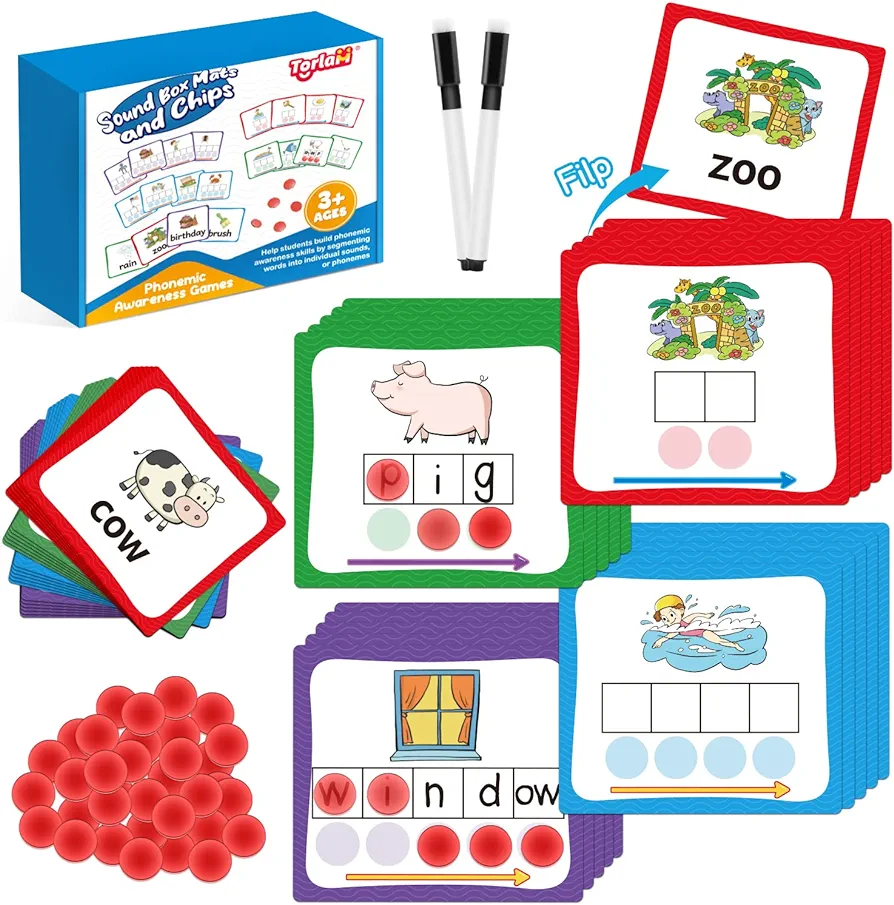 Elkonin Boxes Phonemic Awareness Phonics Games, Reading Spelling Sound Manipulatives Sight Word Flash Cards, Speech Therapy Toy Kindergarten Elementary Classroom Must Haves Homeschool Supplies