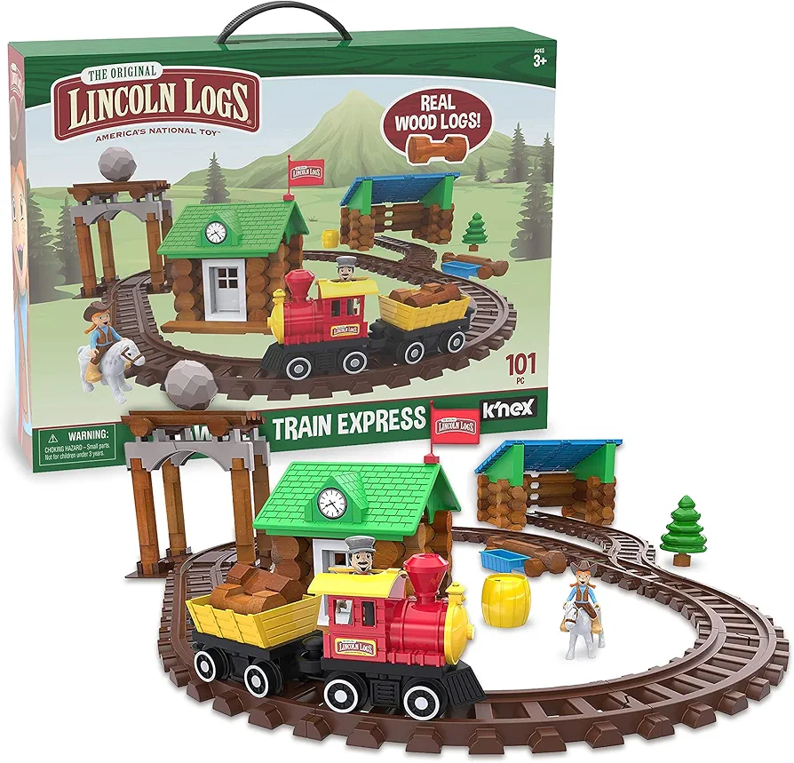 LINCOLN LOGS-Sawmill Express Train - 101 Parts - Real Wood Logs - Buildable Train Track-Ages 3+ - Best Retro Building Gift Set for Boys/Girls-Creative Construction Engineering-Preschool Education Toy