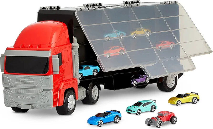 Driven by Battat – Toy Truck Car Carrier — Truck Toy with 34 Storage Space – 10 Pull Back Cars Included – Detachable Trailer – Gift Toy Car for Boys & Girls & Toddlers Aged 3+