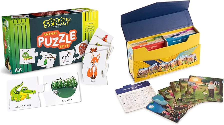 Spark Sequence Cards Jr and Animal Homes Puzzle Combo, Great Educational Games for Family Fun