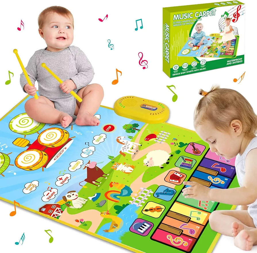 3 in 1 Musical Mat for Toddlers 1-3, Piano Mat & Drum Mat with 2 Sticks, Early Educational Learning Toys for 12-18 Months Baby, Animal Touch Play Blanket Birthday Gifts for 1 2 3 Year Old Boys Girls