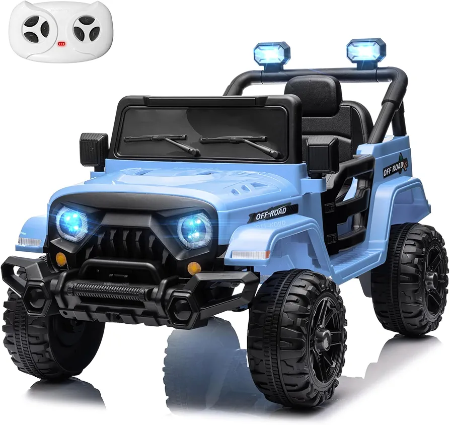 12V Kids Electric Ride on Truck Car Remote Control, Twin 35W Motors 3.5MPH Max Speed, Bluetooth USB Music Player, 4 Wheels Suspension LED Lights Safety Belt, Gift for Boy & Girl-Blue