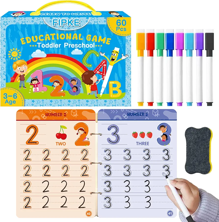 60 Pages Preschool Learning Activities Handwriting Practice Book for Kids, Educational Montessori Toys for 3 4 5 6 Year Old Kindergarten Learning Game Autism Materials Busy Book for Toddlers