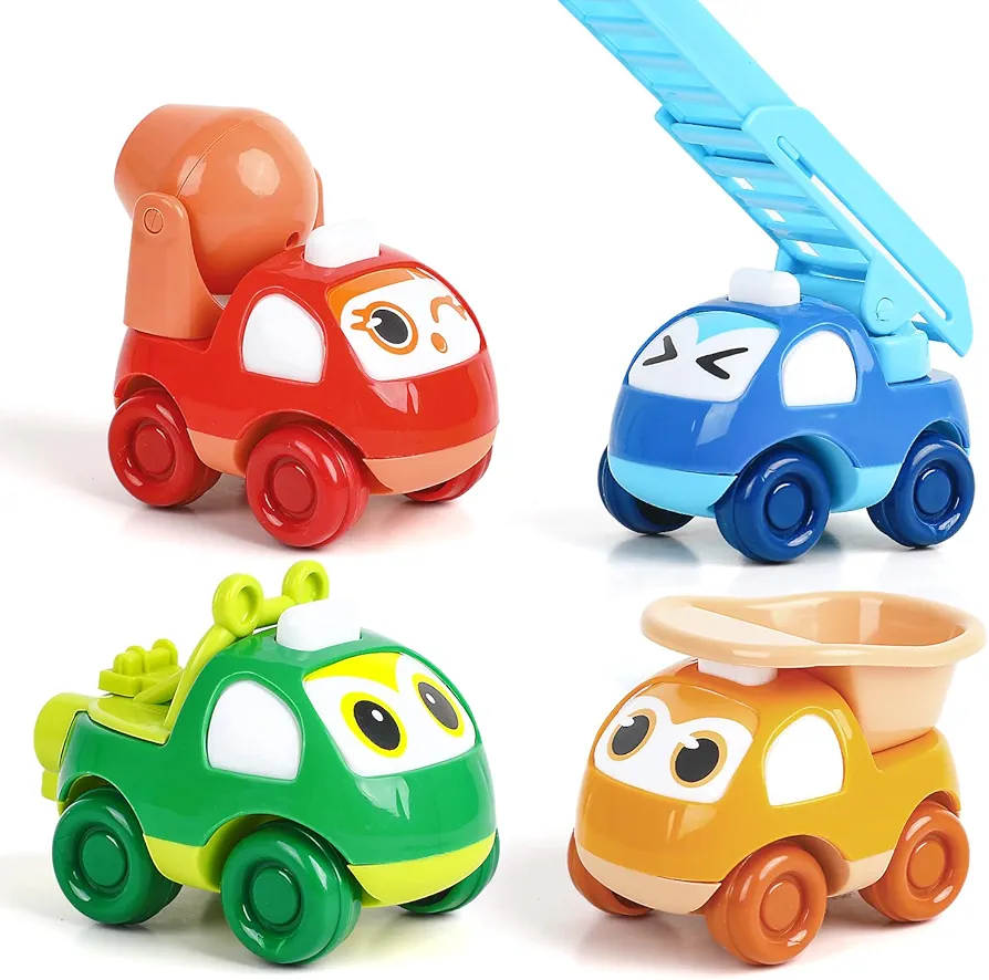 4 Pieces Push and Go Cars for Toddlers,Cute Plastic Engineering Vehicle Wind Up Cars Small Play Cars Toy Cars for Girls Boys Birthday Party Favor Gift