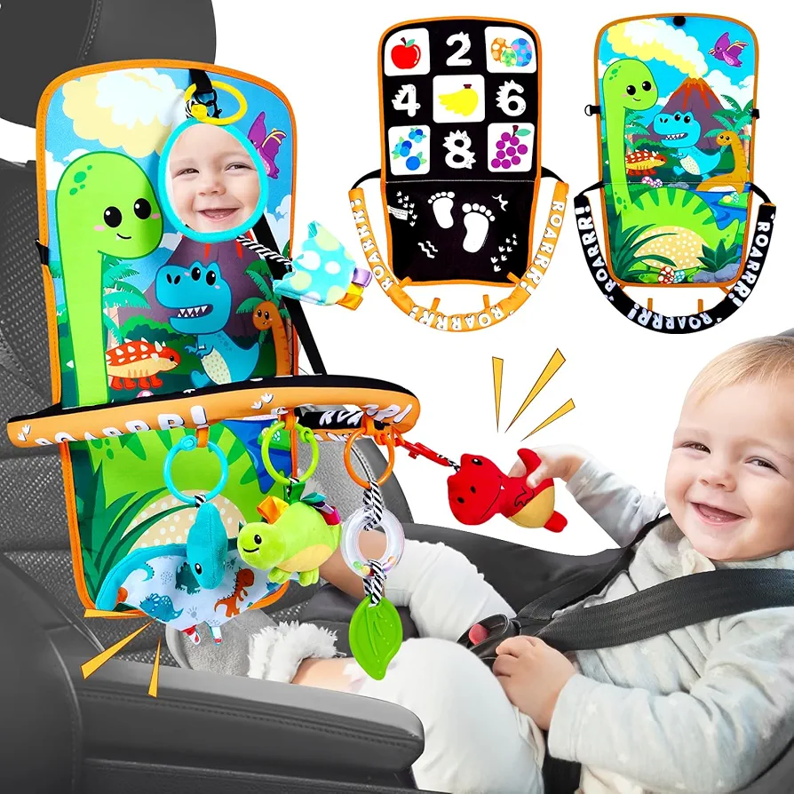 Baby Car Seat Dinosaurs Toys - Kick and Play Double Sided Infant Car Seat Toys with Plush Toys, Mirror, Teether for Baby, Baby Travel Activities, Christmas Birthday Gifts Newborn Infant Toys